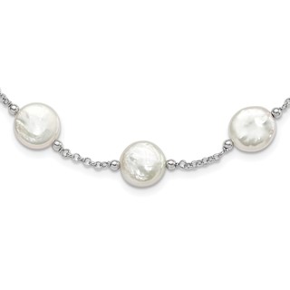 Sterling Silver Rhodium-plated 12-13mm White Coin Freshwater Cultured Pearl 13-station 18 inch Necklace