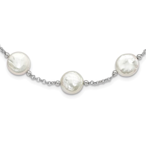 Sterling Silver Rhodium-plated 12-13mm White Coin Freshwater Cultured Pearl 13-station Necklace, 18"