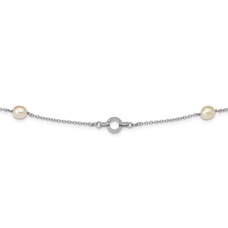 Sterling Silver Rhod-plat 7-8mm 4 FWC Pearl Stations CZ Necklace