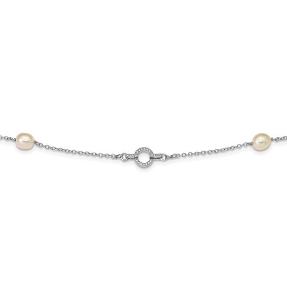 Sterling Silver Rhod-plat 7-8mm 4 FWC Pearl Stations CZ Necklace