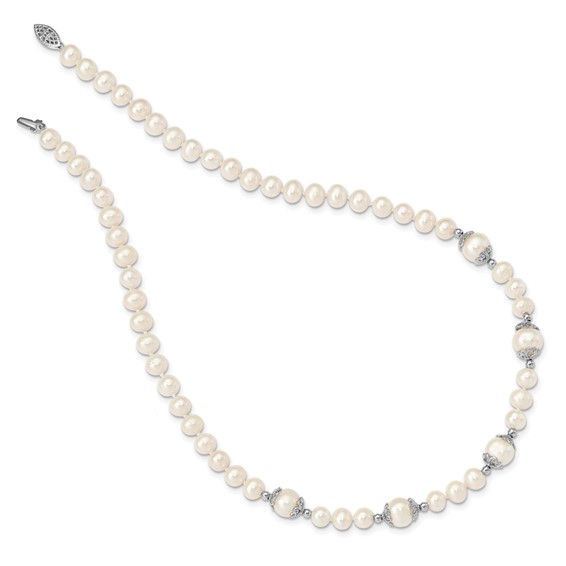 Sterling Silver Rhodium-plated 6-9mm White Freshwater Cultured Pearl 5-station 18 inch Necklace