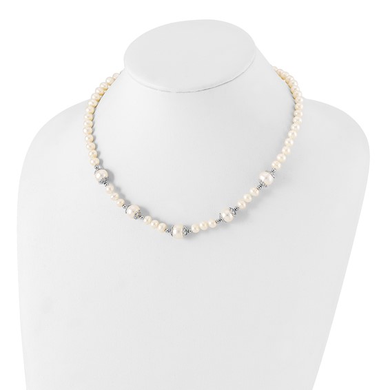 Sterling Silver Rhodium-plated 6-9mm White Freshwater Cultured Pearl 5-station 18 inch Necklace