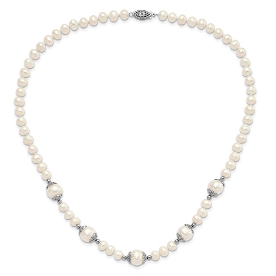 Sterling Silver Rhodium-plated 6-9mm White Freshwater Cultured Pearl 5-station 18 inch Necklace