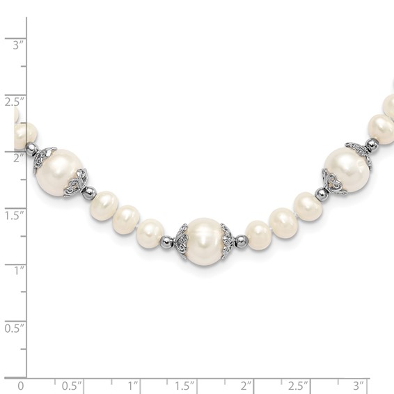 Sterling Silver Rhodium-plated 6-9mm White Freshwater Cultured Pearl 5-station 18 inch Necklace
