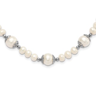 Sterling Silver Rhodium-plated 6-9mm White Freshwater Cultured Pearl 5-station 18 inch Necklace