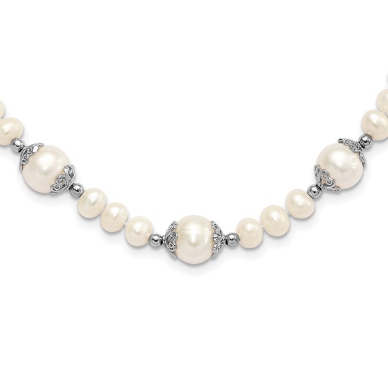 Sterling Silver Rhodium-plated 6-9mm White Freshwater Cultured Pearl 5-station 18 inch Necklace