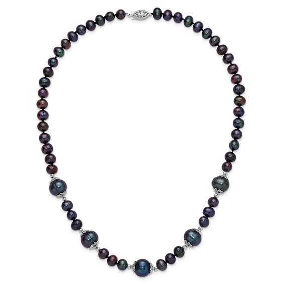 Sterling Silver Rhodium-plated 6-9mm Black Near Round Freshwater Cultured Pearl 5-station 18 inch Necklace