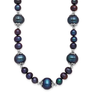 Sterling Silver Rhodium-plated 6-9mm Black Near Round Freshwater Cultured Pearl 5-station 18 inch Necklace