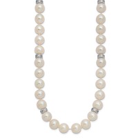 Sterling Silver Rhodium-plated 9-10mm White Near-Round Freshwater Cultured Pearl and CZ Necklace, 18" view 2