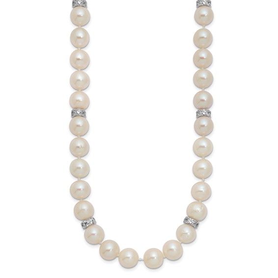 Sterling Silver Rhodium-plated 9-10mm White Near-Round Freshwater Cultured Pearl and CZ 18 inch Necklace