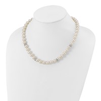 Sterling Silver Rhodium-plated 9-10mm White Near-Round Freshwater Cultured Pearl and CZ Necklace, 18" view 3