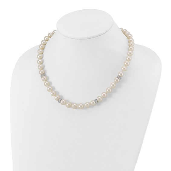 Sterling Silver Rhodium-plated 9-10mm White Near-Round Freshwater Cultured Pearl and CZ 18 inch Necklace