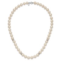 Sterling Silver Rhodium-plated 9-10mm White Near-Round Freshwater Cultured Pearl and CZ Necklace, 18" view 4