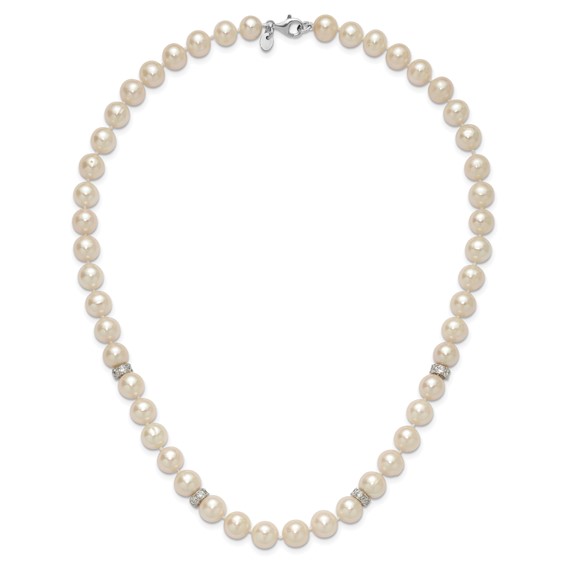 Sterling Silver Rhodium-plated 9-10mm White Near-Round Freshwater Cultured Pearl and CZ 18 inch Necklace