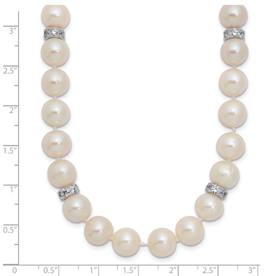 Sterling Silver Rhodium-plated 9-10mm White Near-Round Freshwater Cultured Pearl and CZ 18 inch Necklace