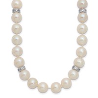 Sterling Silver Rhodium-plated 9-10mm White Near-Round Freshwater Cultured Pearl and CZ Necklace, 18" view 1
