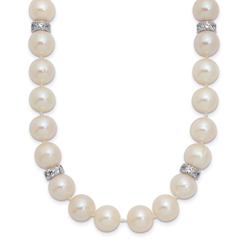 Sterling Silver Rhodium-plated 9-10mm White Near-Round Freshwater Cultured Pearl and CZ Necklace, 18"