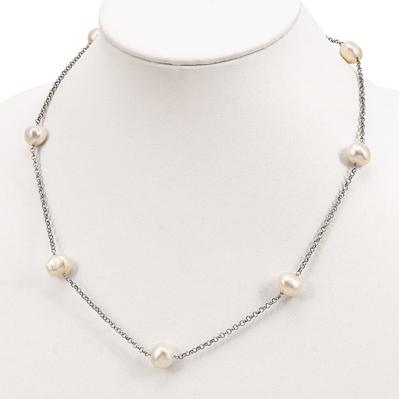 Sterling Silver Rhod-plat 9-10mm White Baroq FWC Pearl 7-stat Necklace