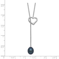 Sterling Silver Rhodium-plated 7-8mm Black Teardrop Freshwater Cultured Pearl Drop Heart Lariat Necklace, 20" view 2