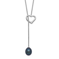 Sterling Silver Rhodium-plated 7-8mm Black Teardrop Freshwater Cultured Pearl Drop Heart Lariat Necklace, 20" view 1