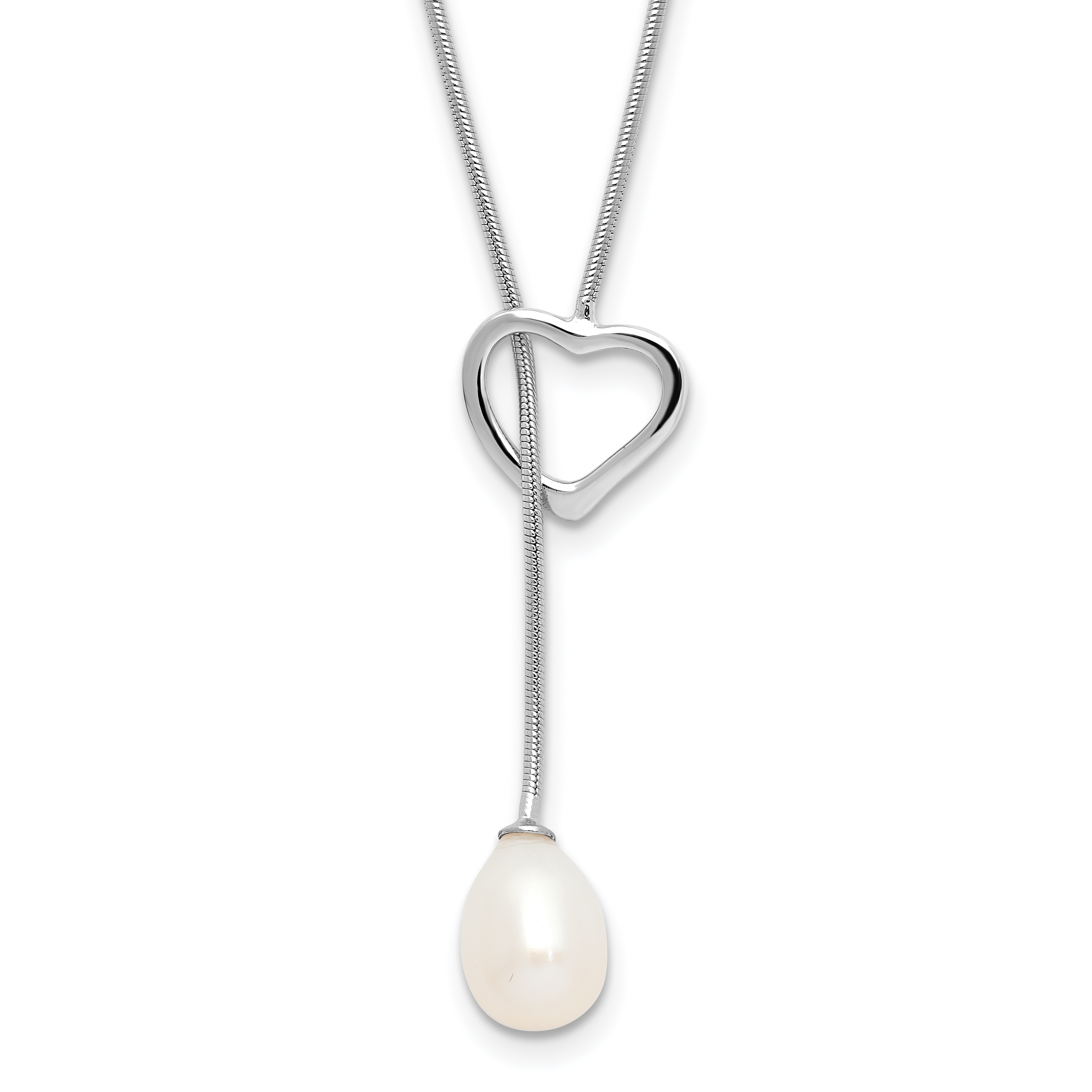 Sterling Silver Rhodium-plated 7-8mm White Teardrop Freshwater Cultured Pearl Heart 20 inch Necklace (QH5557P-20)