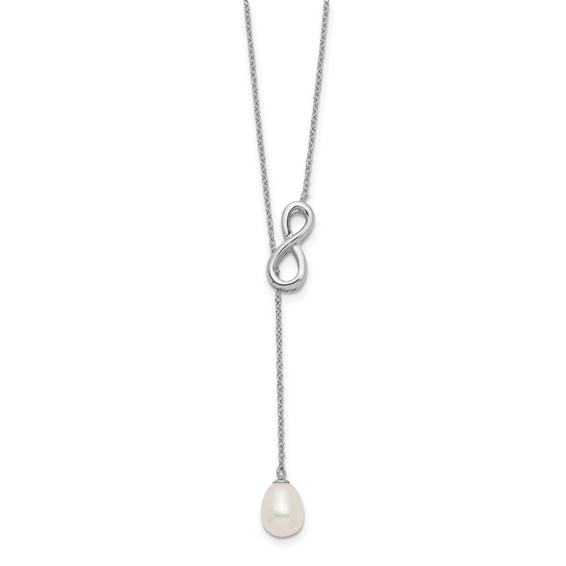 Sterling Silver Rhodium-plated 7-8mm White Teardrop Freshwater Cultured Pearl Infinity Lariat Drop 24 inch Necklace