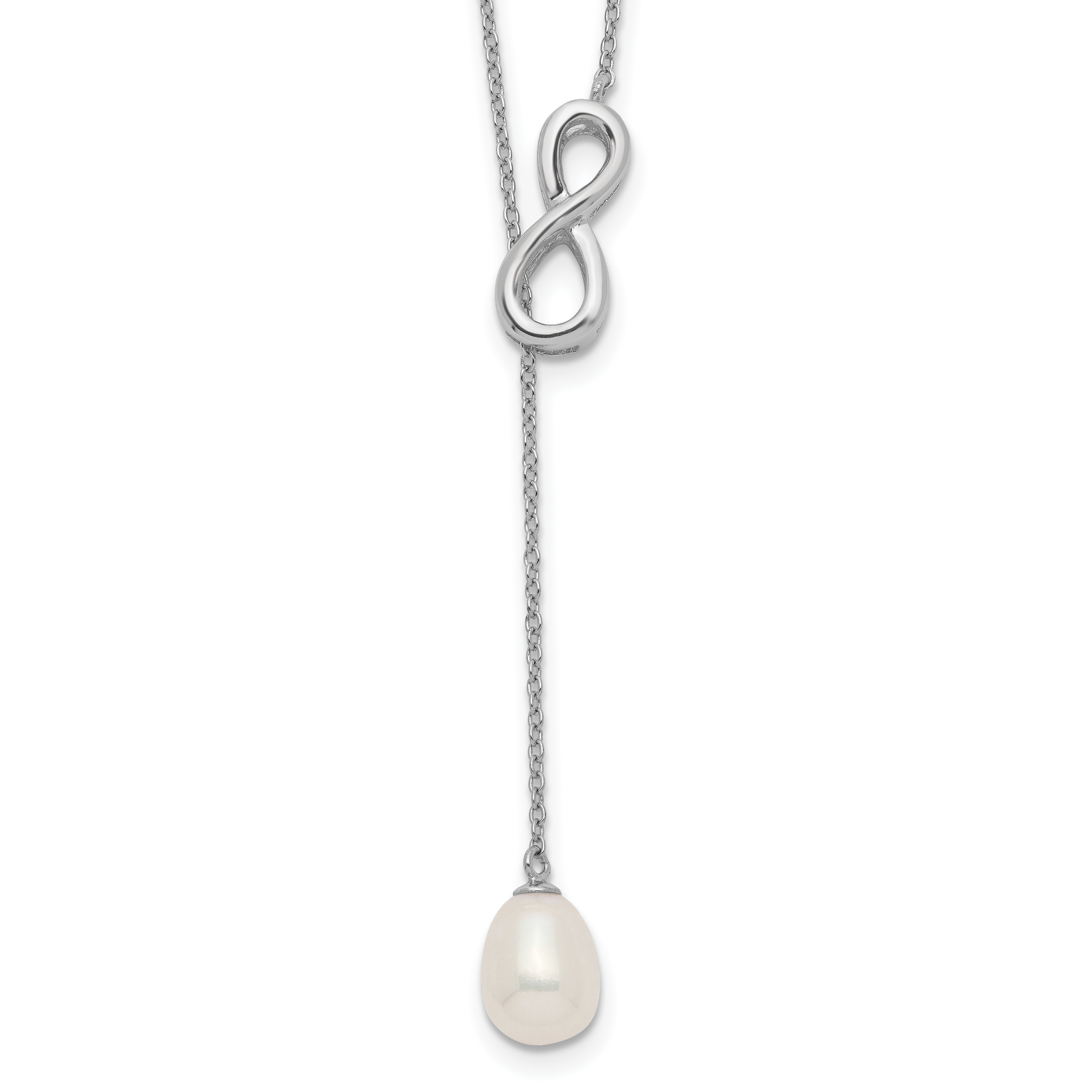 Sterling Silver Rhodium-plated 7-8mm White Teardrop Freshwater Cultured Pearl Infinity Lariat Drop 24 inch Necklace (QH5559-24)