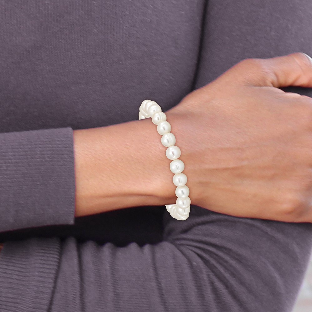 Madi K 5-6mm White Semi-Round Freshwater Cultured Pearl Children's Stretch Bracelet (QH5566)