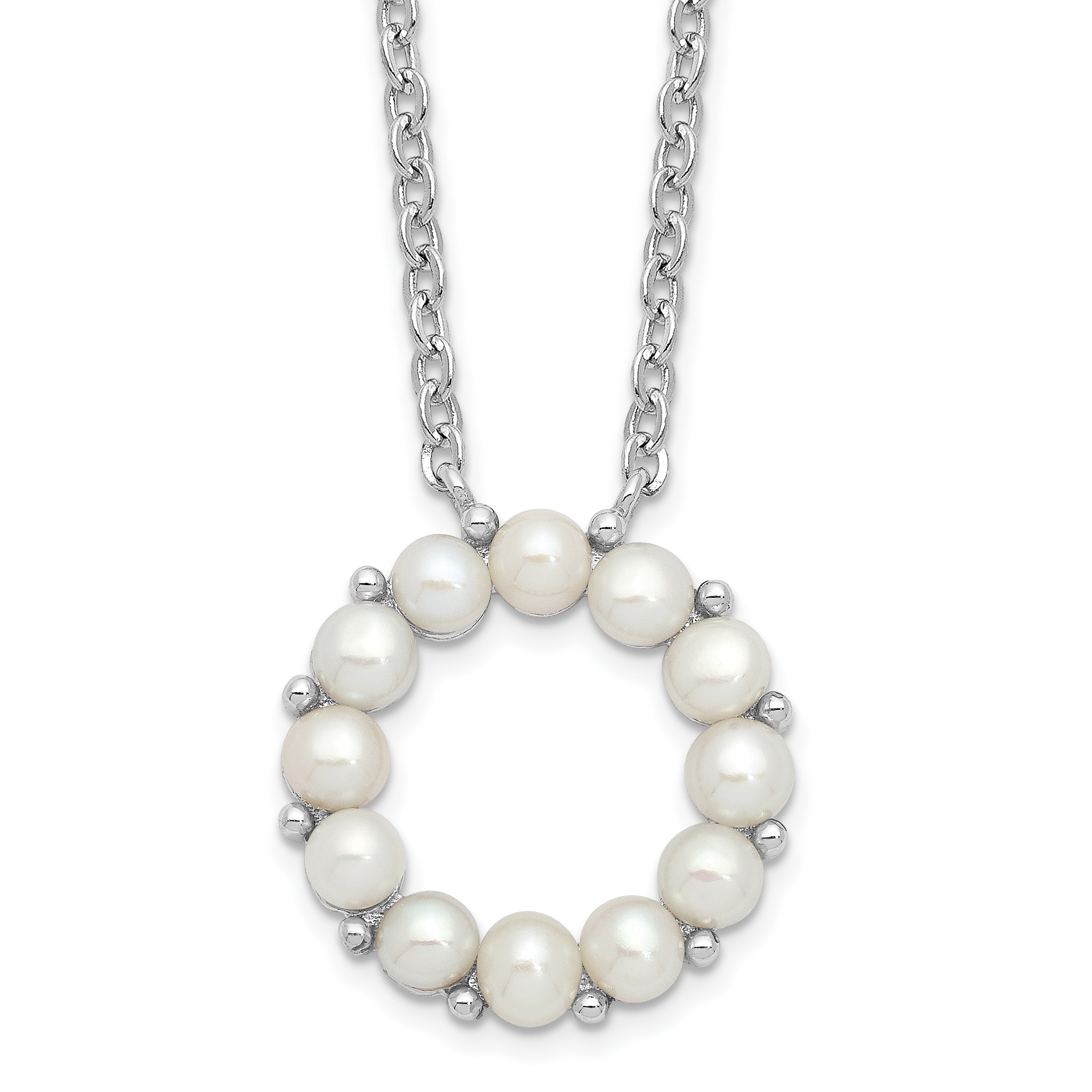 Sterling Silver Rhodium-plated 3-3.5mm White Button Freshwater Cultured Pearl 16 inch with 1.75 inch Extension Necklace (QH5567-16)