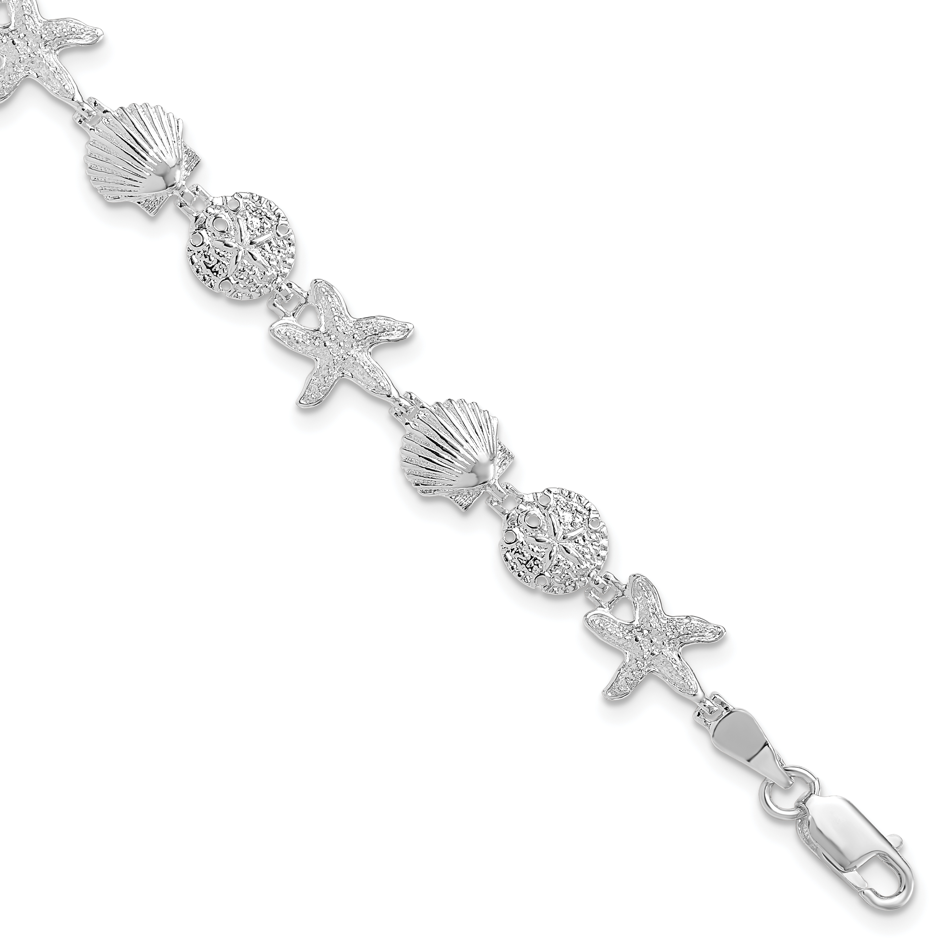 De-Ani Sterling Silver Rhodium-Plated Polished Sand Dollar / Shell / Starfish Bracelet (QH5569-7.5)