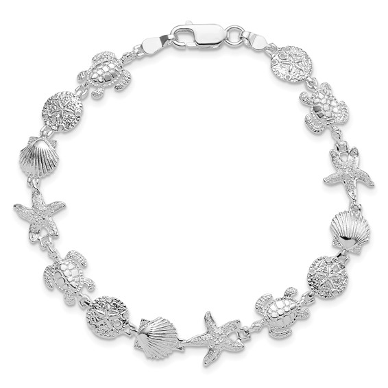 De-Ani Sterling Silver Rhodium-plated Polished and Textured Sea Life 7.25 inch Bracelet