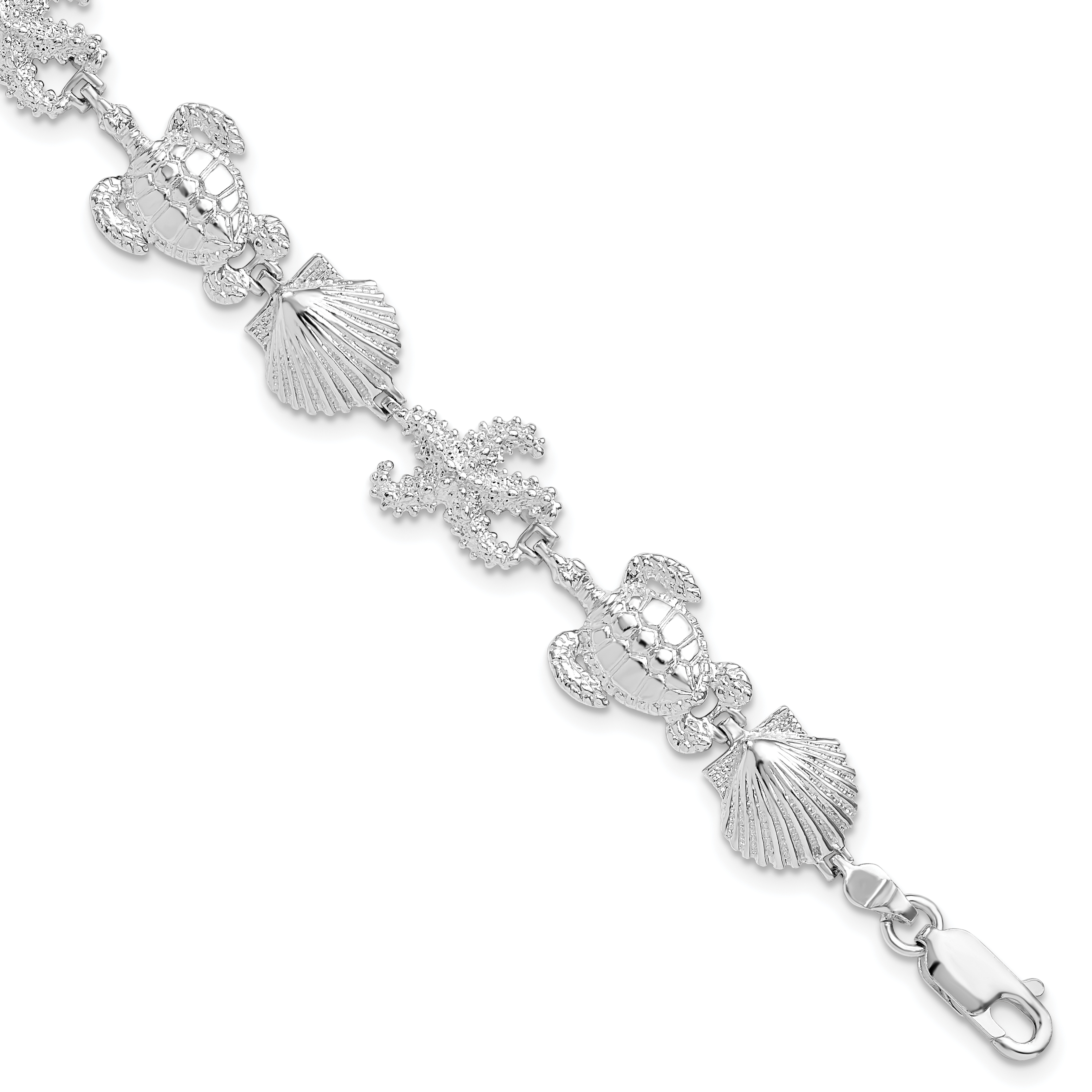 De-Ani Sterling Silver Rhodium-Plated Polished Turtle / Shell / Starfish Bracelet (QH5576-7.5)