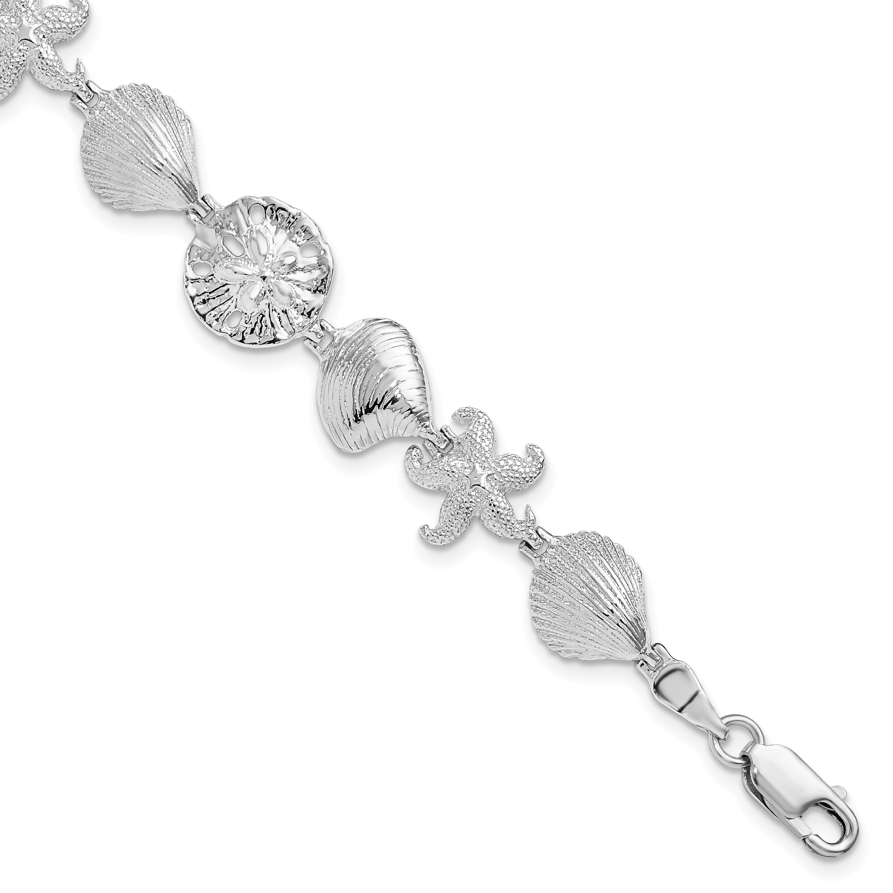 De-Ani Sterling Silver Rhodium-Plated Polished Starfish / Shells / Sand Dollar Bracelet (QH5585-7)