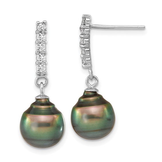 Sterling Silver Rhodium-plated 9-10mm Black Teardrop Tahitian Saltwater Pearl and CZ 17 inch Necklace and Post Dangle Earrings Set