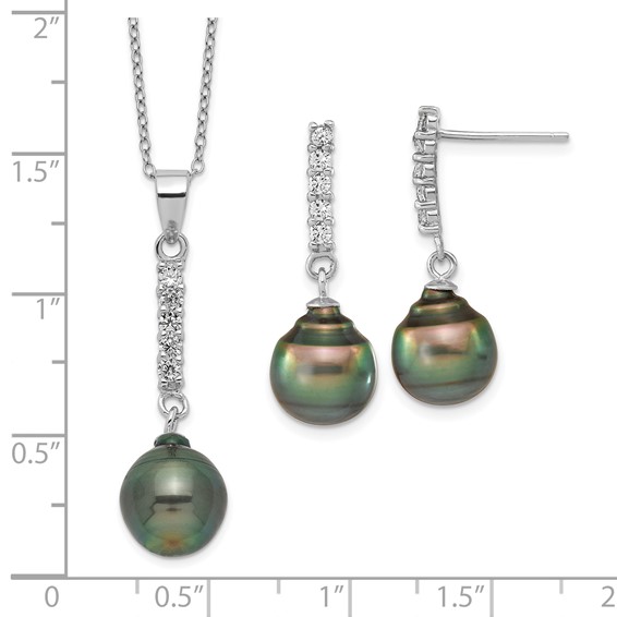 Sterling Silver Rhodium-plated 9-10mm Black Teardrop Tahitian Saltwater Pearl and CZ 17 inch Necklace and Post Dangle Earrings Set