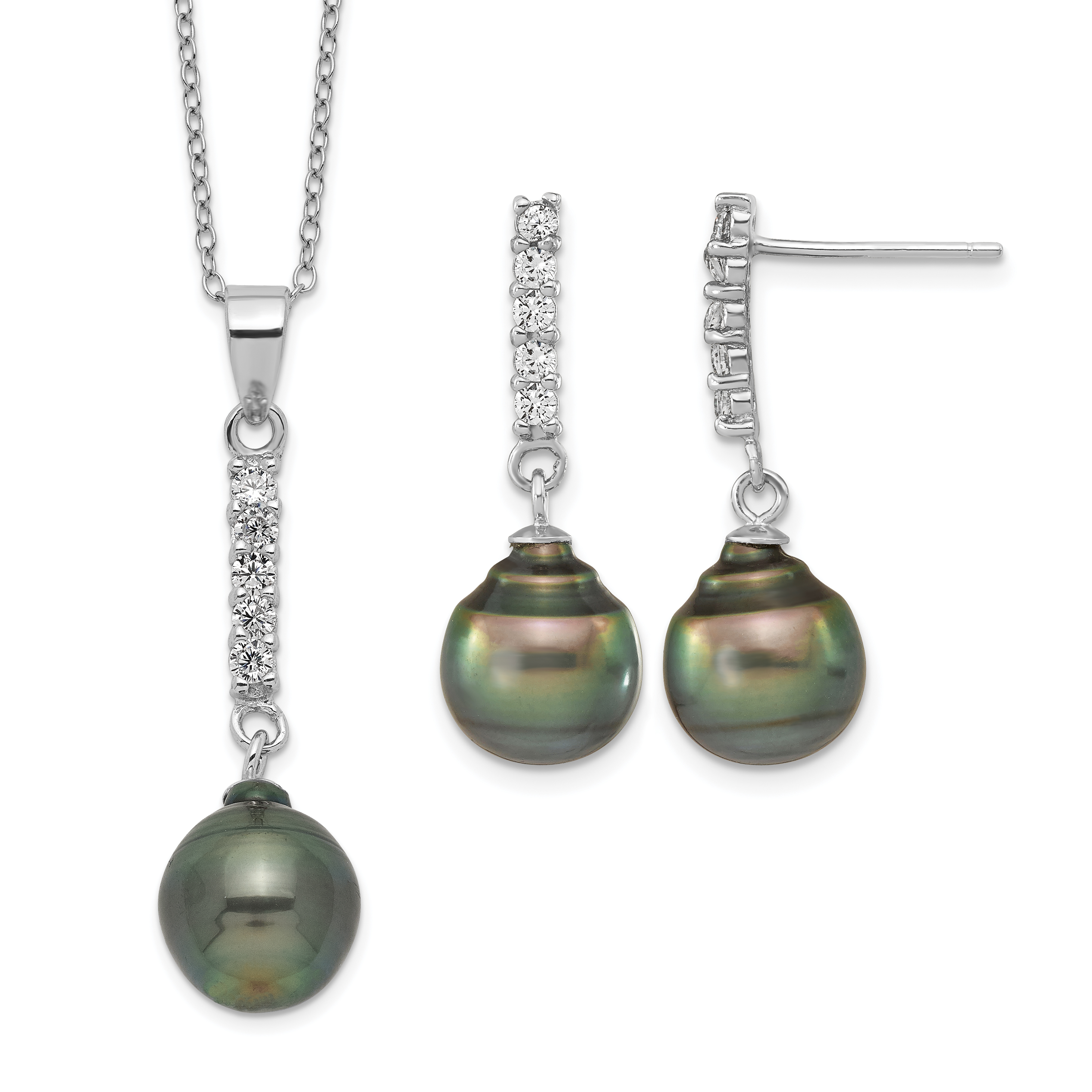 Sterling Silver Rhodium-plated 9-10mm Black Teardrop Tahitian Saltwater Pearl and CZ 17 inch Necklace and Post Dangle Earrings Set (QH5613SET)