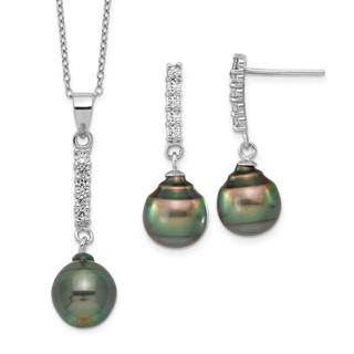 Sterling Silver Rhodium-plated 9-10mm Black Teardrop Tahitian Saltwater Pearl and CZ 17 inch Necklace and Post Dangle Earrings Set
