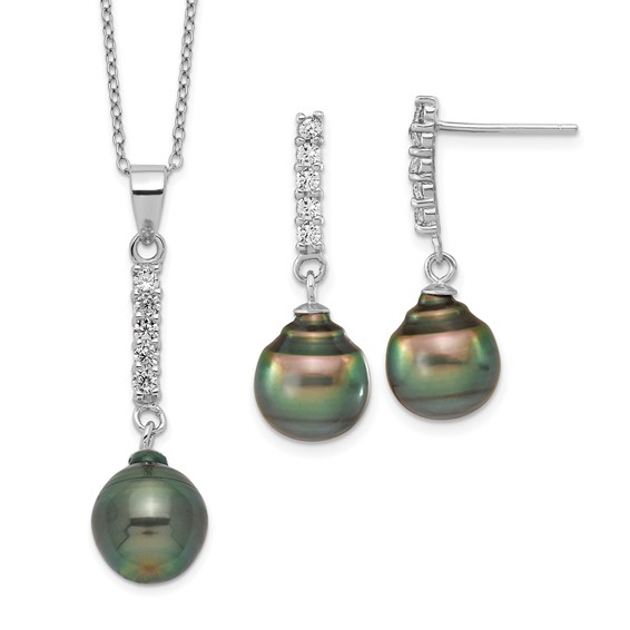 Sterling Silver Rhodium-plated 9-10mm Black Teardrop Tahitian Saltwater Pearl and CZ 17 inch Necklace and Post Dangle Earrings Set