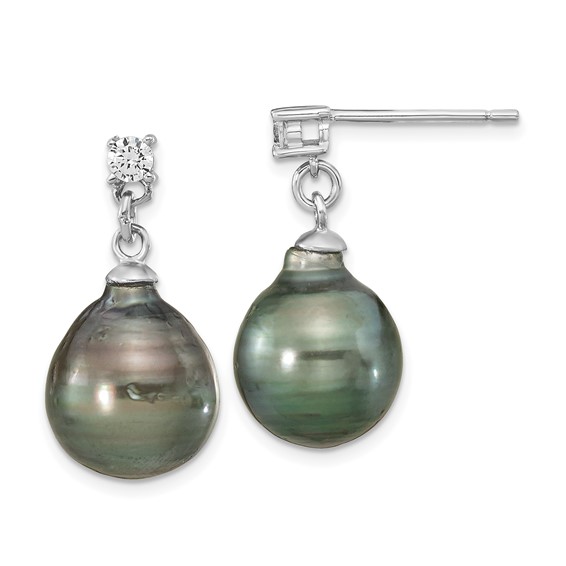 Sterling Silver Rhodium-plated 9-10mm Black Teardrop Tahitian Saltwater Cultured Pearl and CZ 17 inch Necklace and Post Dangle Earrings Set