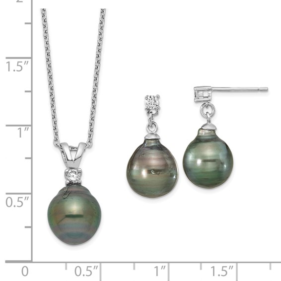 Sterling Silver Rhodium-plated 9-10mm Black Teardrop Tahitian Saltwater Cultured Pearl and CZ 17 inch Necklace and Post Dangle Earrings Set
