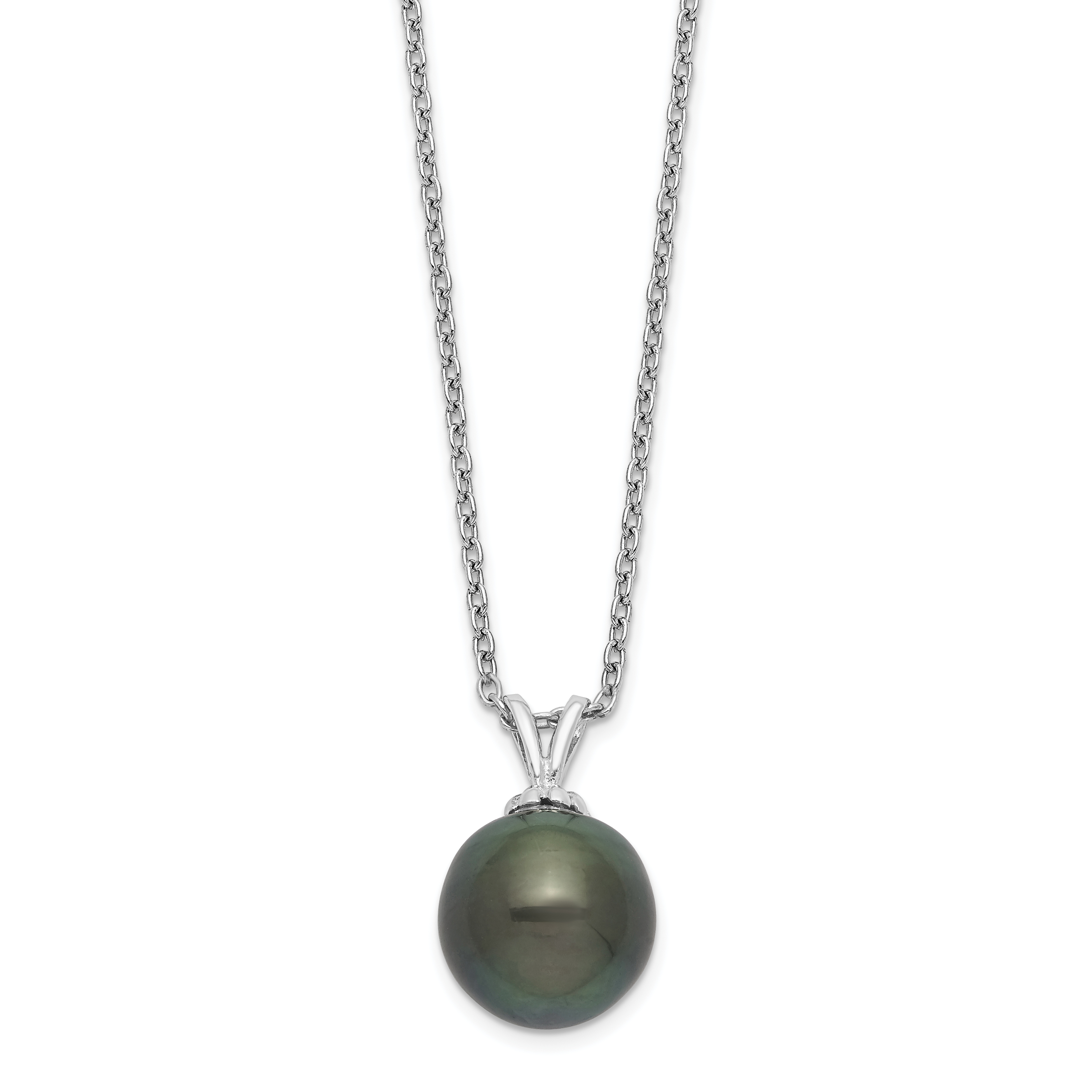 Sterling Silver Rhodium-plated 9-10mm Black Teardrop Tahitian Saltwater Cultured Pearl 17 inch Necklace (QH5615-17)