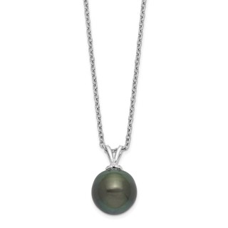 Sterling Silver Rhodium-plated 9-10mm Black Teardrop Tahitian Saltwater Cultured Pearl 17 inch Necklace