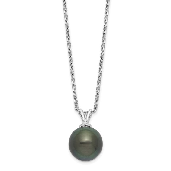 Sterling Silver Rhodium-plated 9-10mm Black Teardrop Tahitian Saltwater Cultured Pearl 17 inch Necklace
