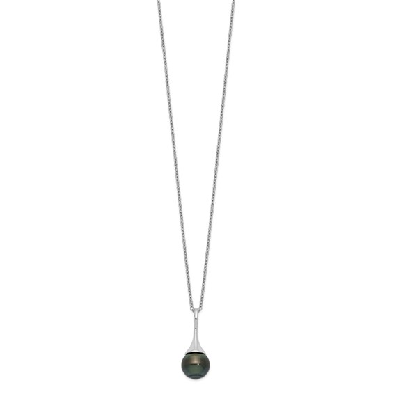 Sterling Silver Rhodium-plated 9-10mm Black Teardrop Tahitian Saltwater Cultured Pearl 17 inch Necklace