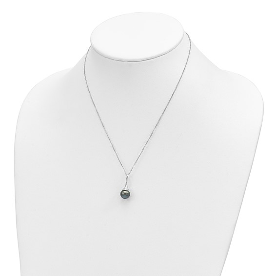 Sterling Silver Rhodium-plated 9-10mm Black Teardrop Tahitian Saltwater Cultured Pearl 17 inch Necklace