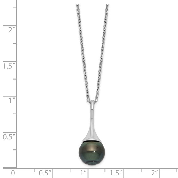 Sterling Silver Rhodium-plated 9-10mm Black Teardrop Tahitian Saltwater Cultured Pearl 17 inch Necklace