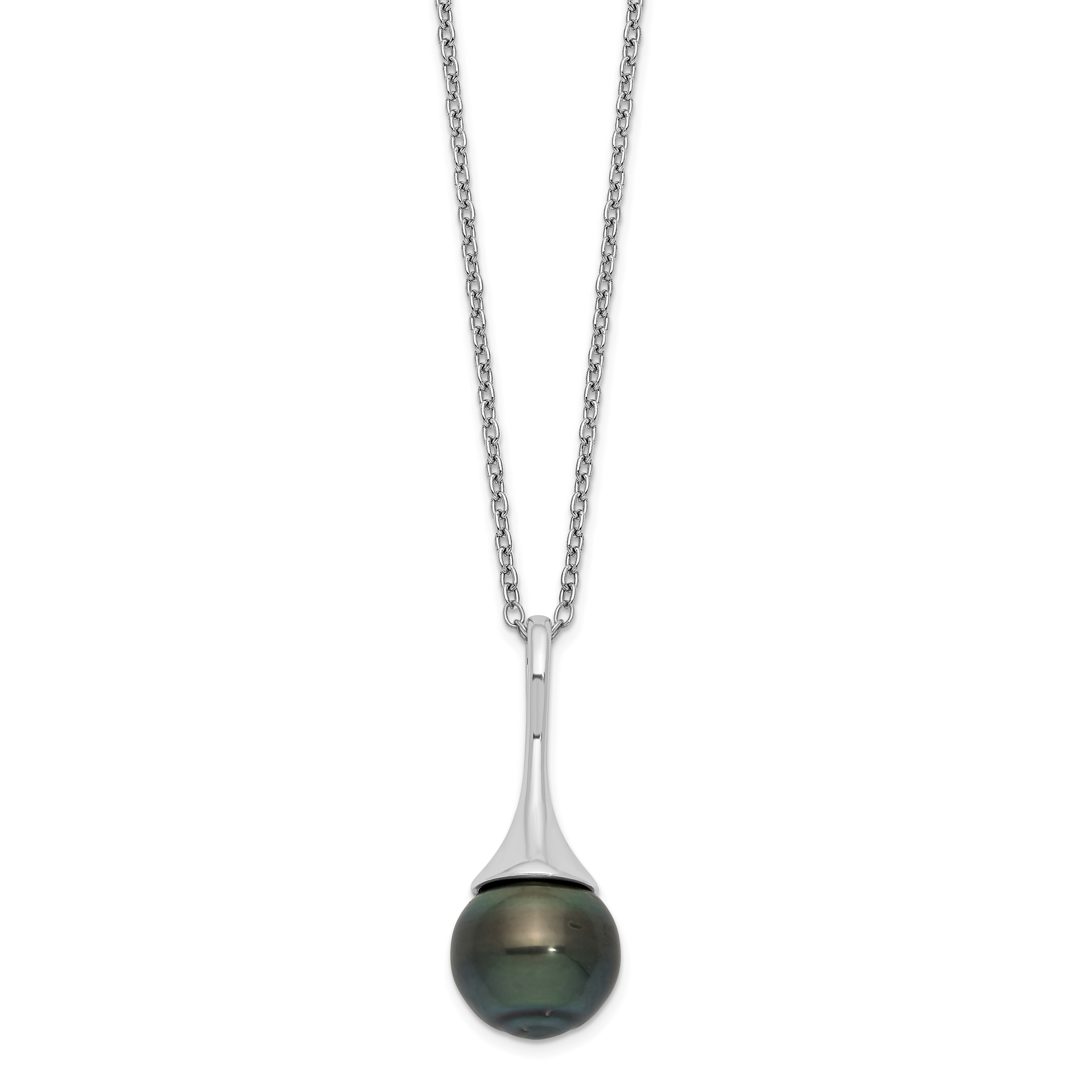 Sterling Silver Rhodium-plated 9-10mm Black Teardrop Tahitian Saltwater Cultured Pearl 17 inch Necklace (QH5619-17)