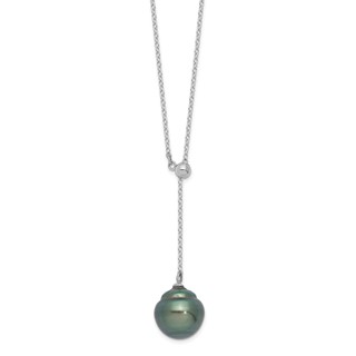 Sterling Silver Rhodium-plated 9-10mm Black Baroque Tahitian Saltwater Cultured Pearl 18 inch Necklace