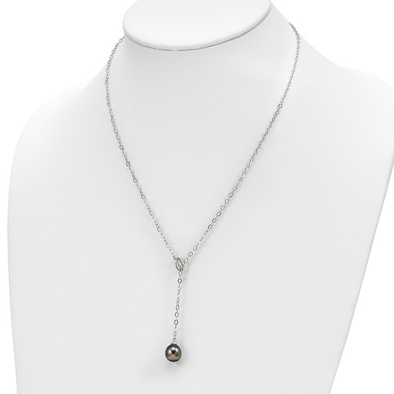 Sterling Silver Rhodium-plated 9-10mm Black Teardrop Tahitian Saltwater Cultured Pearl Slide 19.5 inch Necklace