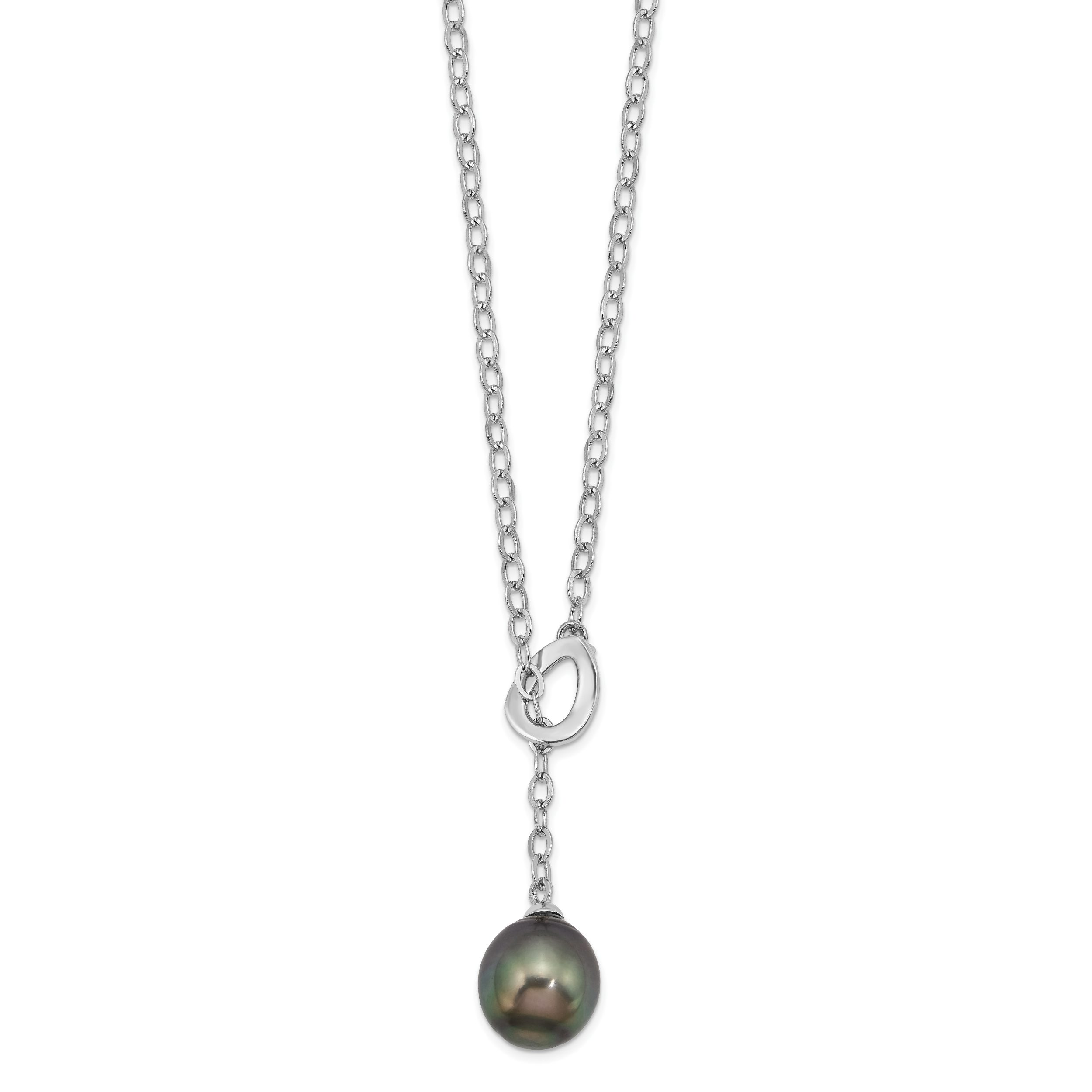 Sterling Silver Rhodium-plated 9-10mm Black Teardrop Tahitian Saltwater Cultured Pearl Slide 19.5 inch Necklace (QH5621-19.5)